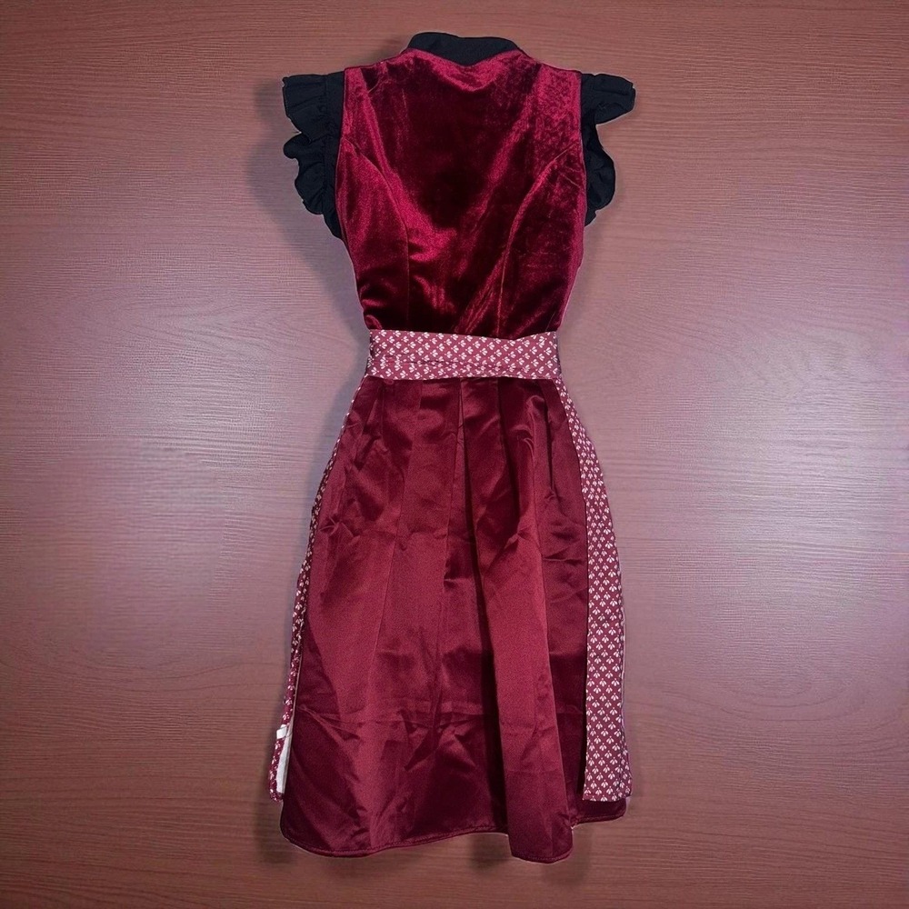 New Small Oktoberfest Red Burgundy Velvet Dirndl Dress Bavarian German Festival - Picture 7 of 7